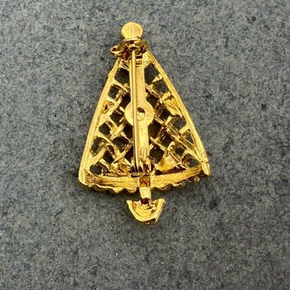 Christmas Pin Brooch Tree Gold Amber Rhinestone Woven Open Weave Vintage Retro - Picture 5 of 7